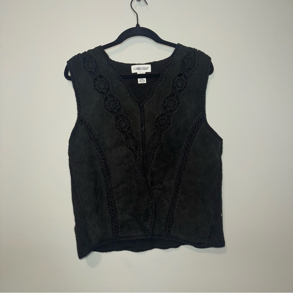 Cabin Creek Womens Black Suede Leather‎ Knit Crochet Vest Boho Vintage Medium